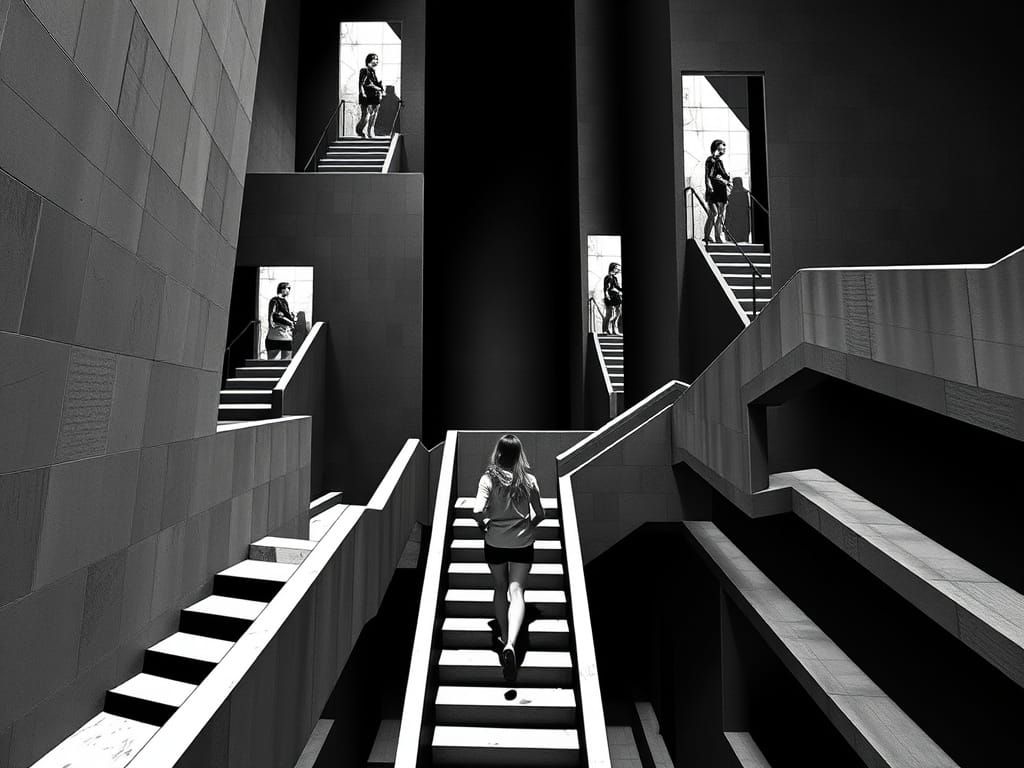Escher-Inspired Maze with Brutalist Stairwells and Op Art El...