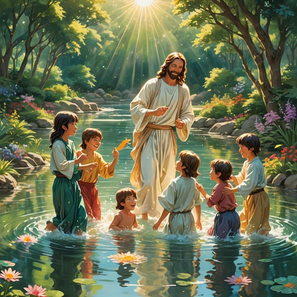 Jesus Playing with Children: Anime-Inspired 3D Render