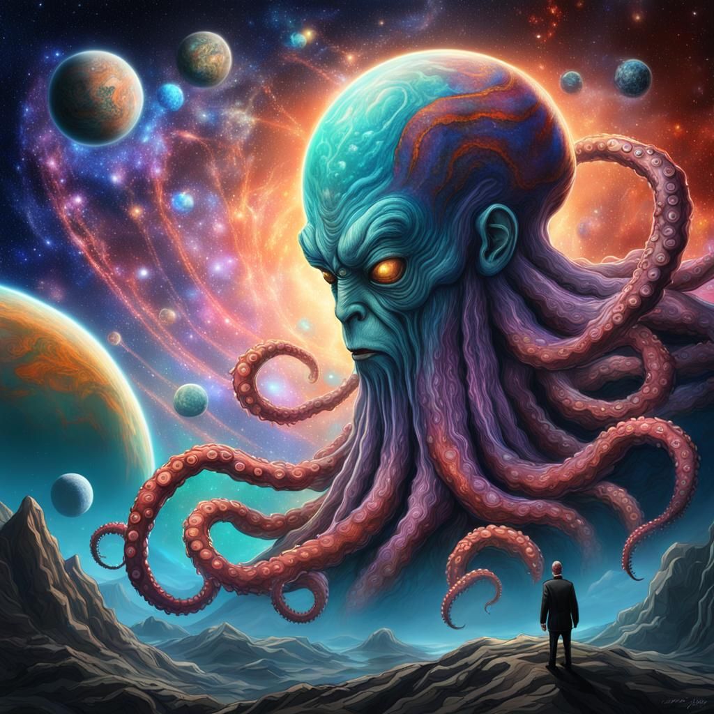 Celestial baldy god with tentacles looking on some planet. God is alien looking. Tentacles of God are on his back. Tenta...