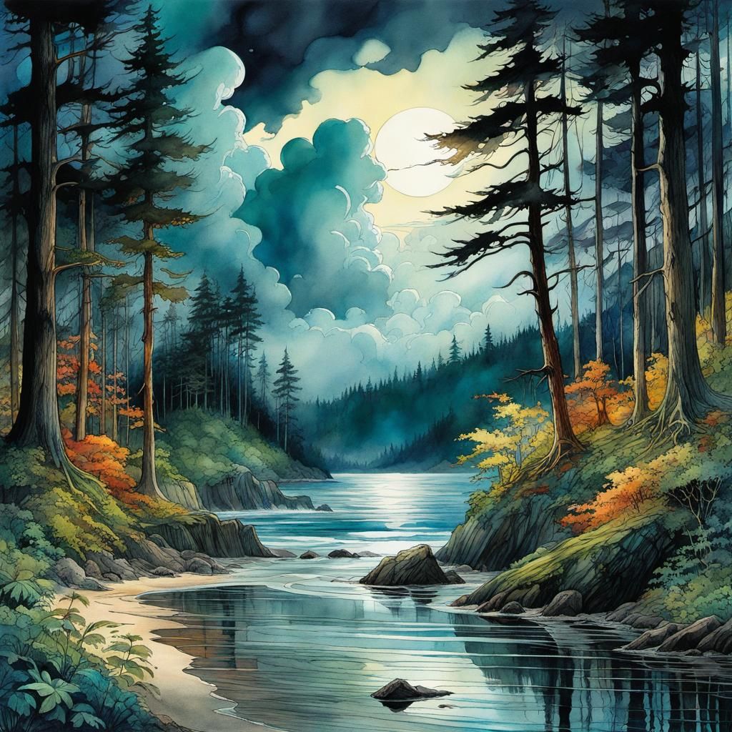 Serene Forest Shore in Digital Watercolor Style