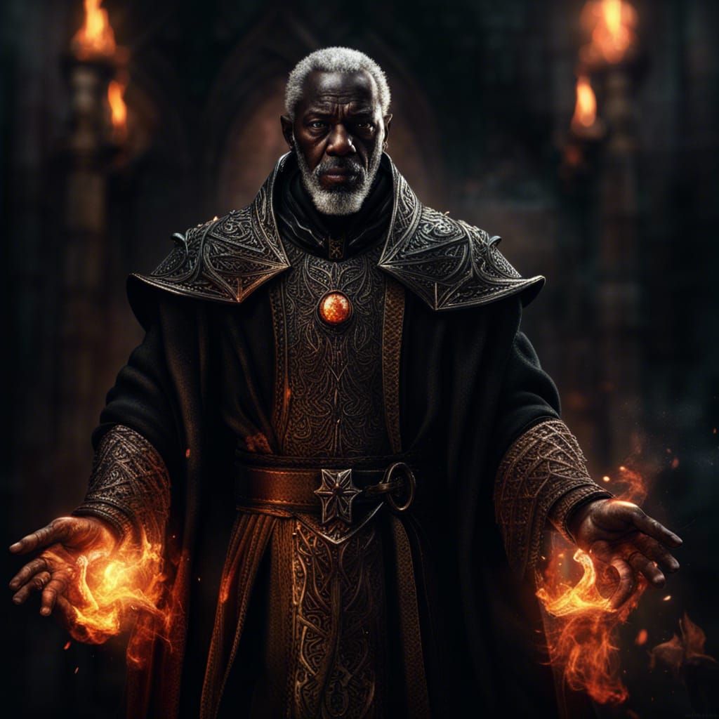 Imposing Black Cleric Sorcerer with Fiery Wrath
