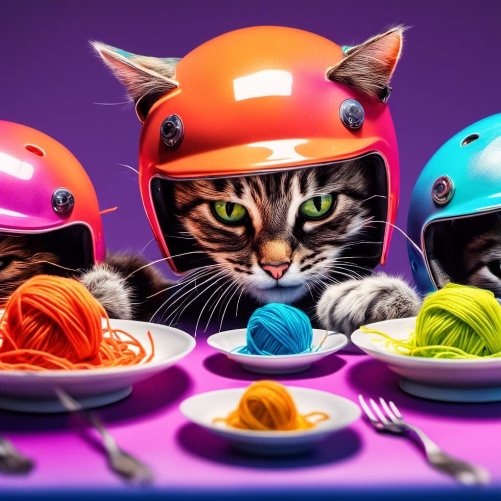 Hyperrealistic Cats Eating Yarn Spaghetti