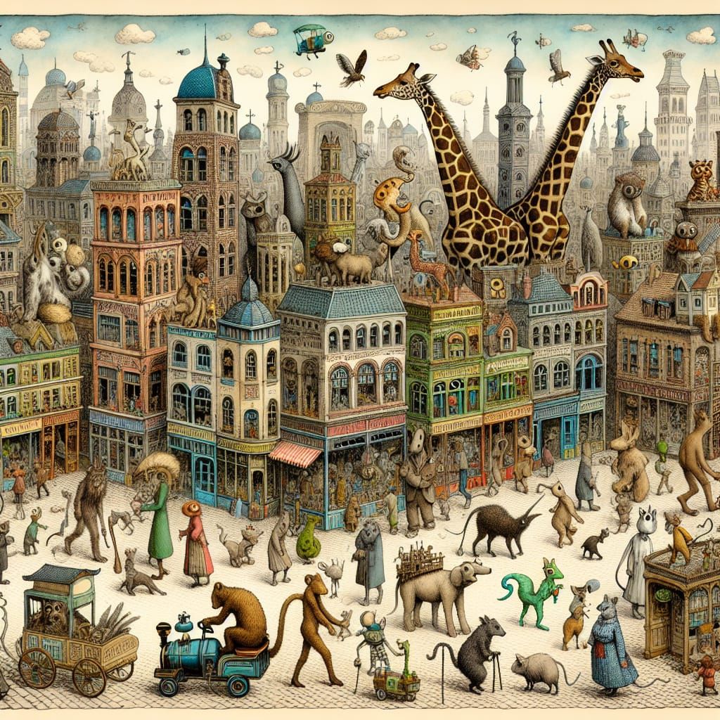 Anthropomorphic Animals in Bustling Cityscape