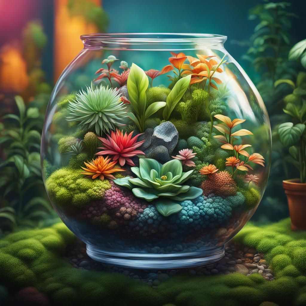 Hyperrealistic Terrarium Splash Art with Lush Plants