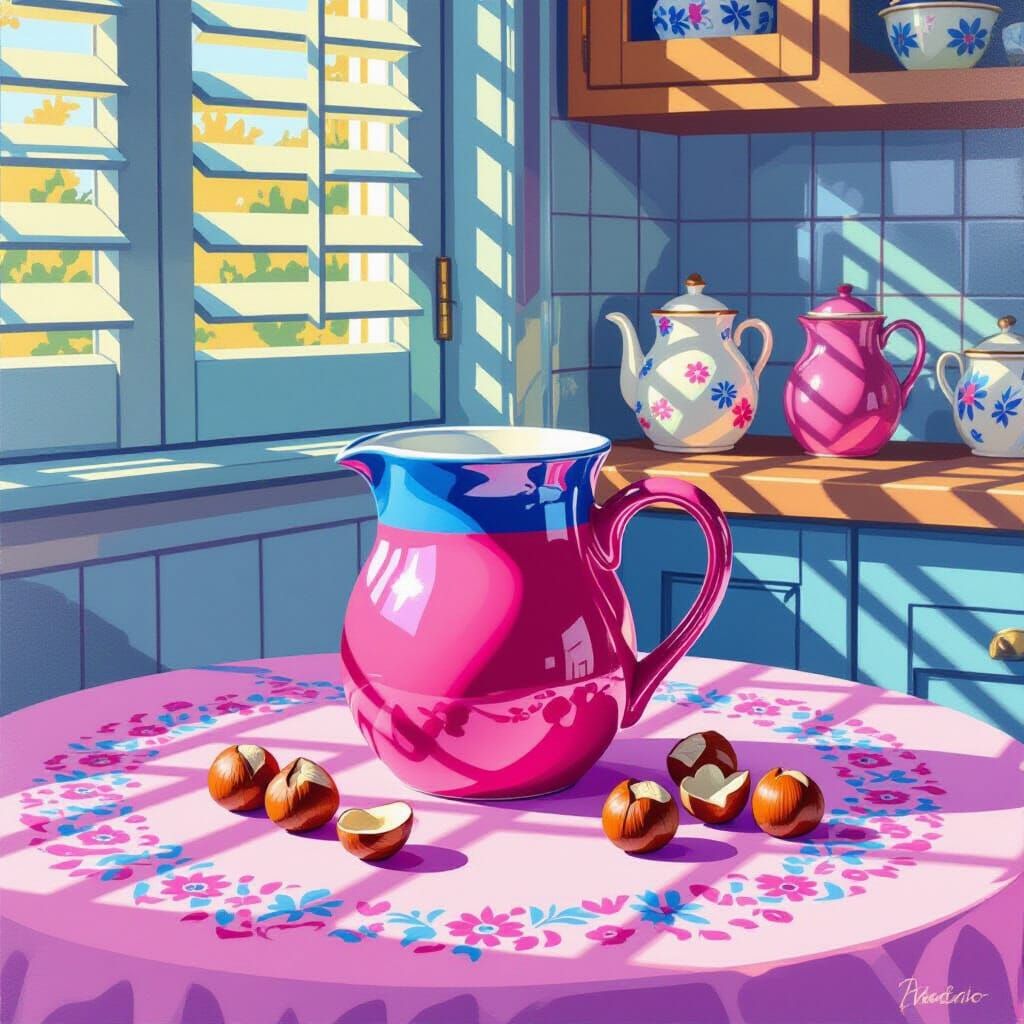 Vibrant Pop Art Jug on Embroidered Tablecloth