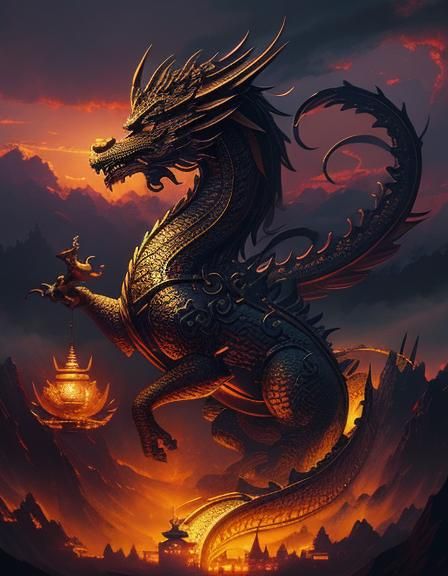 Majestic Golden Dragon Digital Illustration