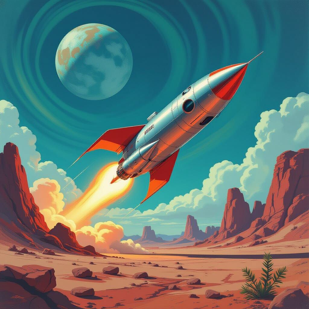Retro-Futuristic Rocket Launch on Alien Planet