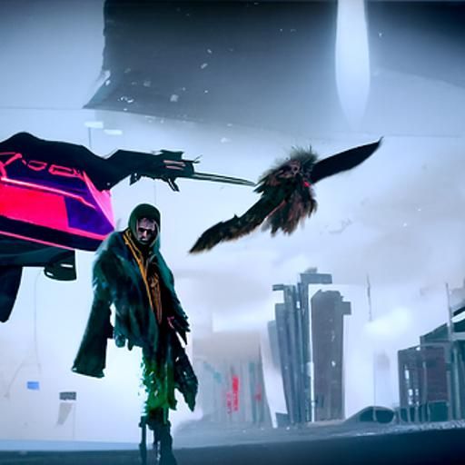 Cyberpunk Owl Villain Landing in Neon City