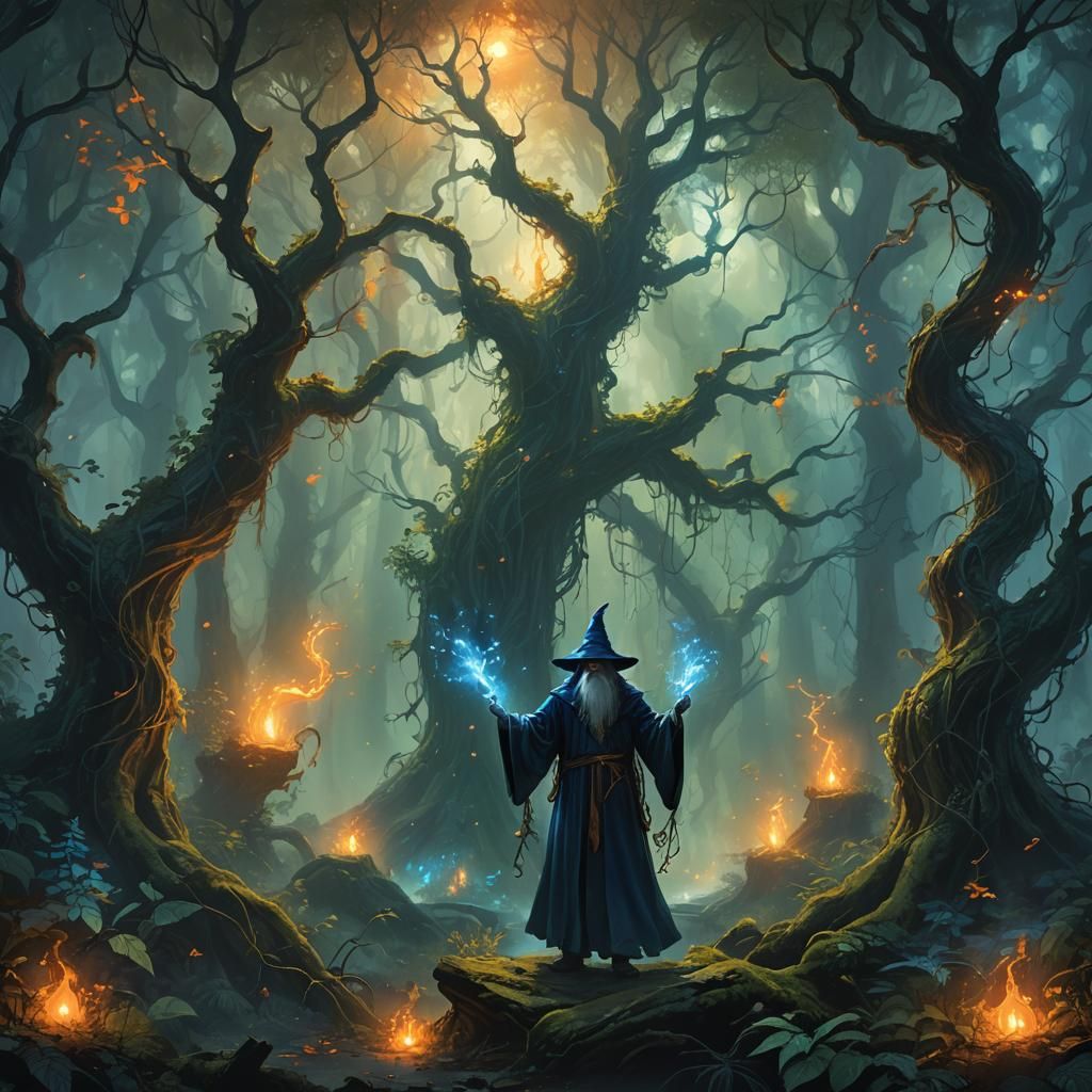 Wizard Conjuring Magic in Ancient Forest
