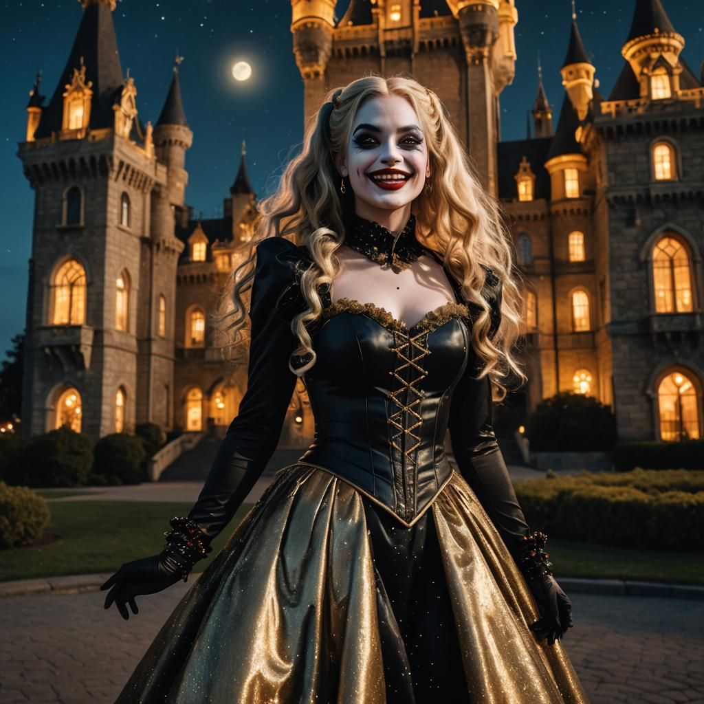 Elegant Victorian Harley Quinn in Moonlit Golden Castle Port...