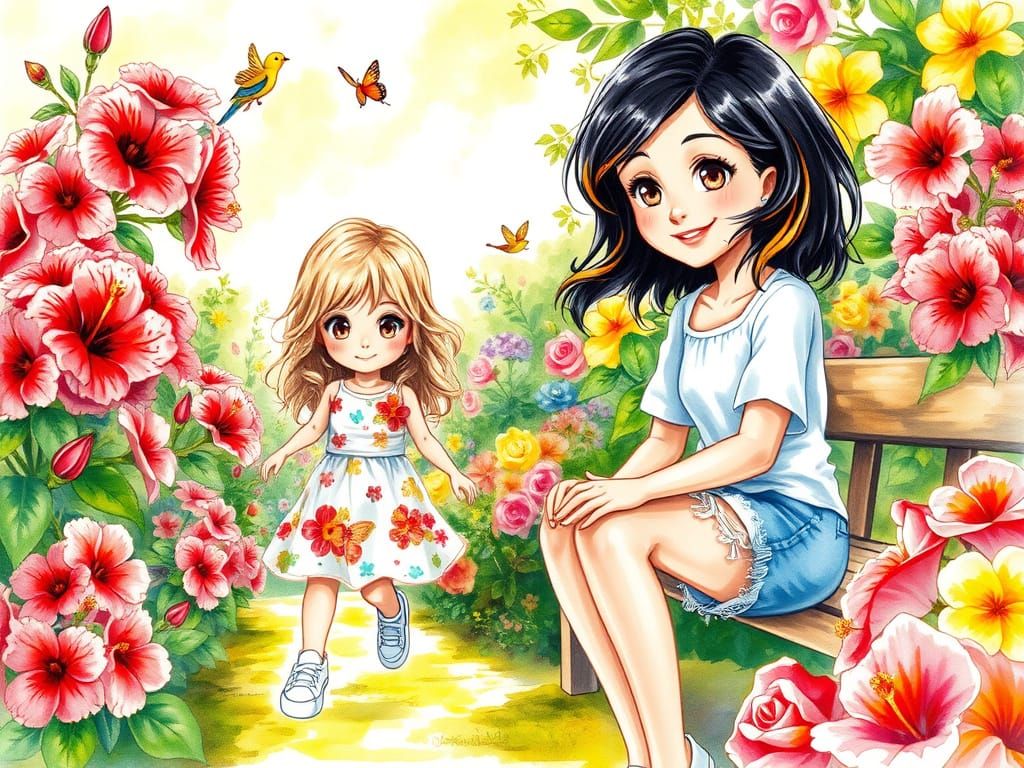 Whimsical Tropical Garden Scene in Watercolor and Colored Pe...