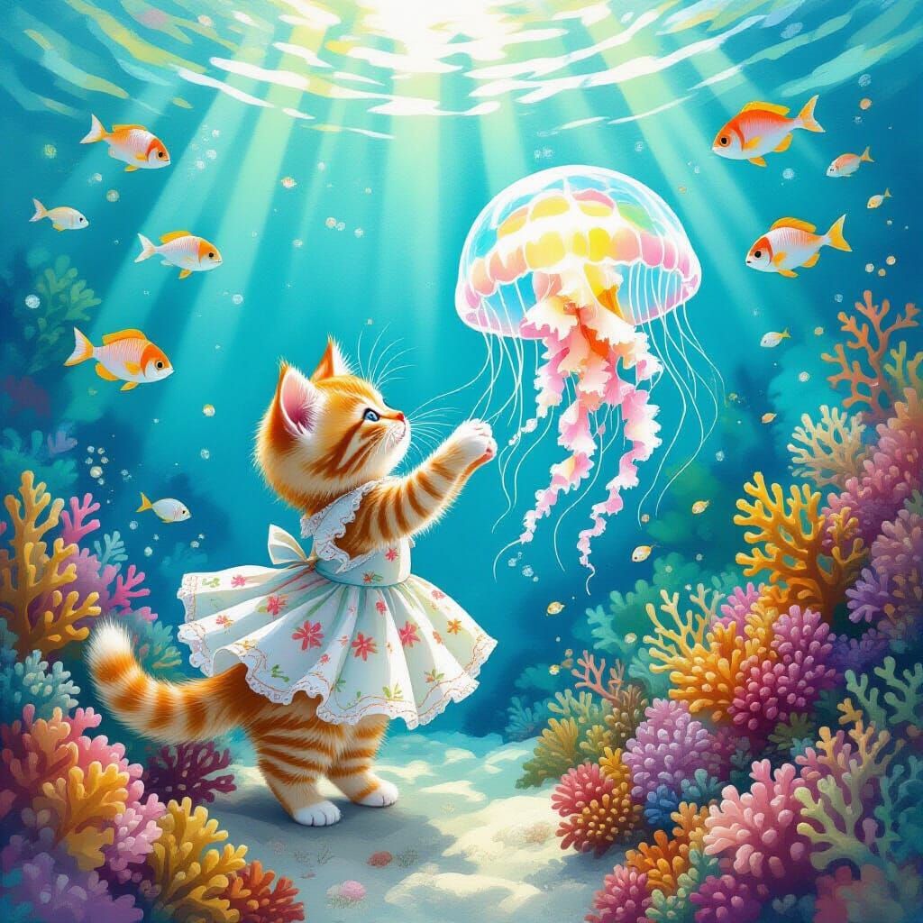 Kitten and Jellyfish in Coral Reef, Watercolor Style