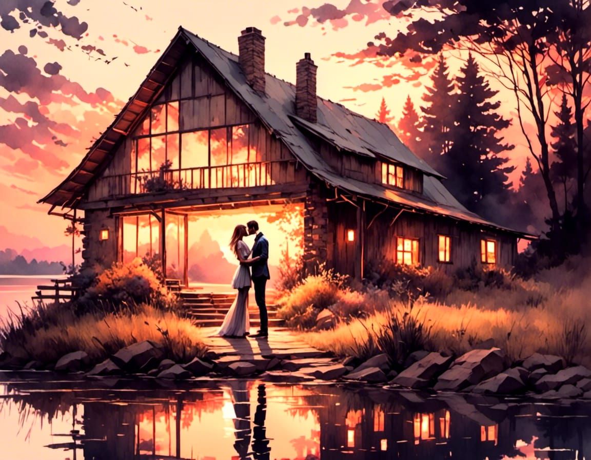 Lakeside Cottage Sunset Kiss in Watercolor Style