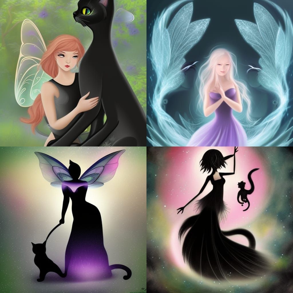 Female fairy hugging giant black cat ethereal fantasy hyperdetailed mist