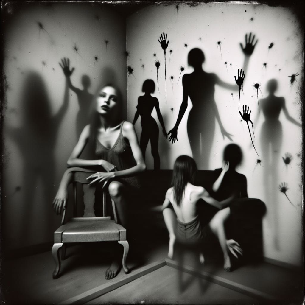 A Woman Trapped by Dark Silhouettes in a Haunting Charcoal D...