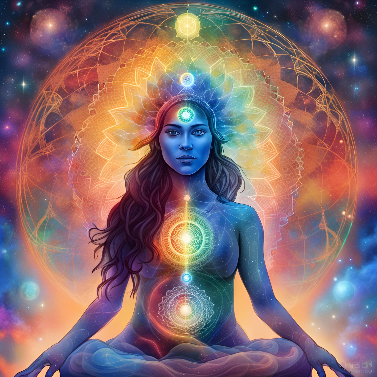 Chakra Woman: Holographic Cosmic Illustration