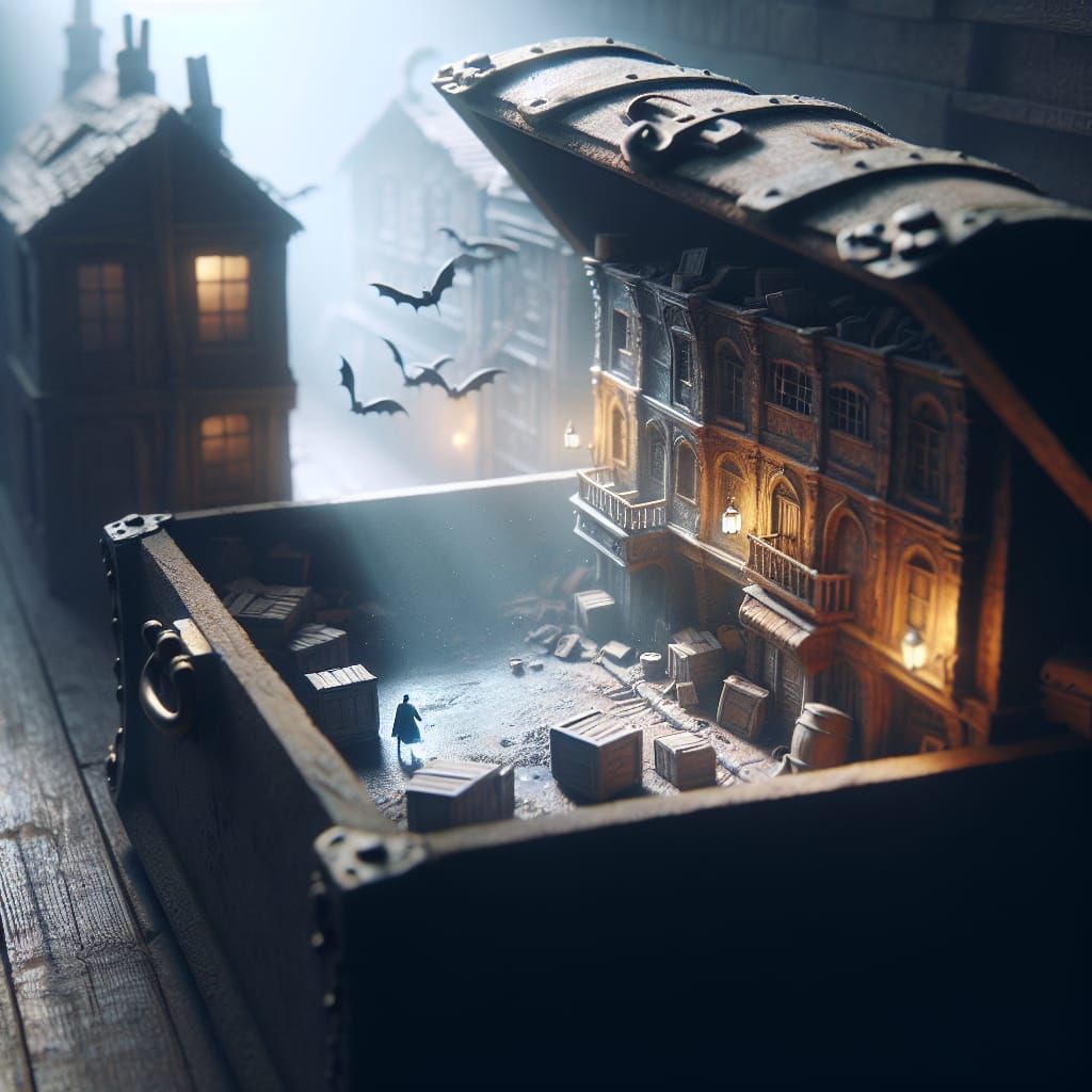 Miniature World Inside an Old Chest, Cinematic Mixed Media