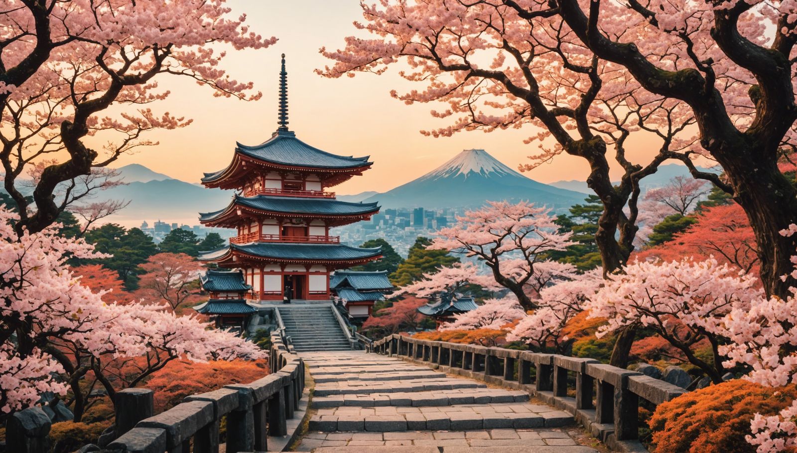 Japanese Temple Amidst Sakura Trees at Dawn