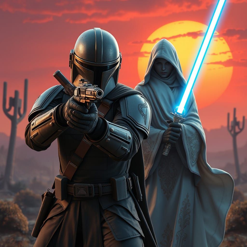 Mandalorian Bounty Hunter Aims at Hooded Jedi in Epic Fantas...