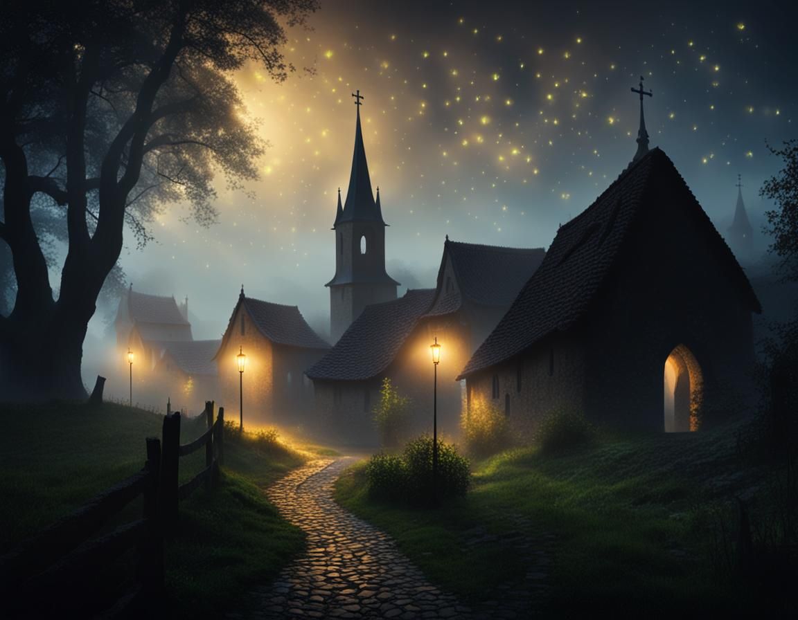 Mysterious Foggy Medieval Village at Night