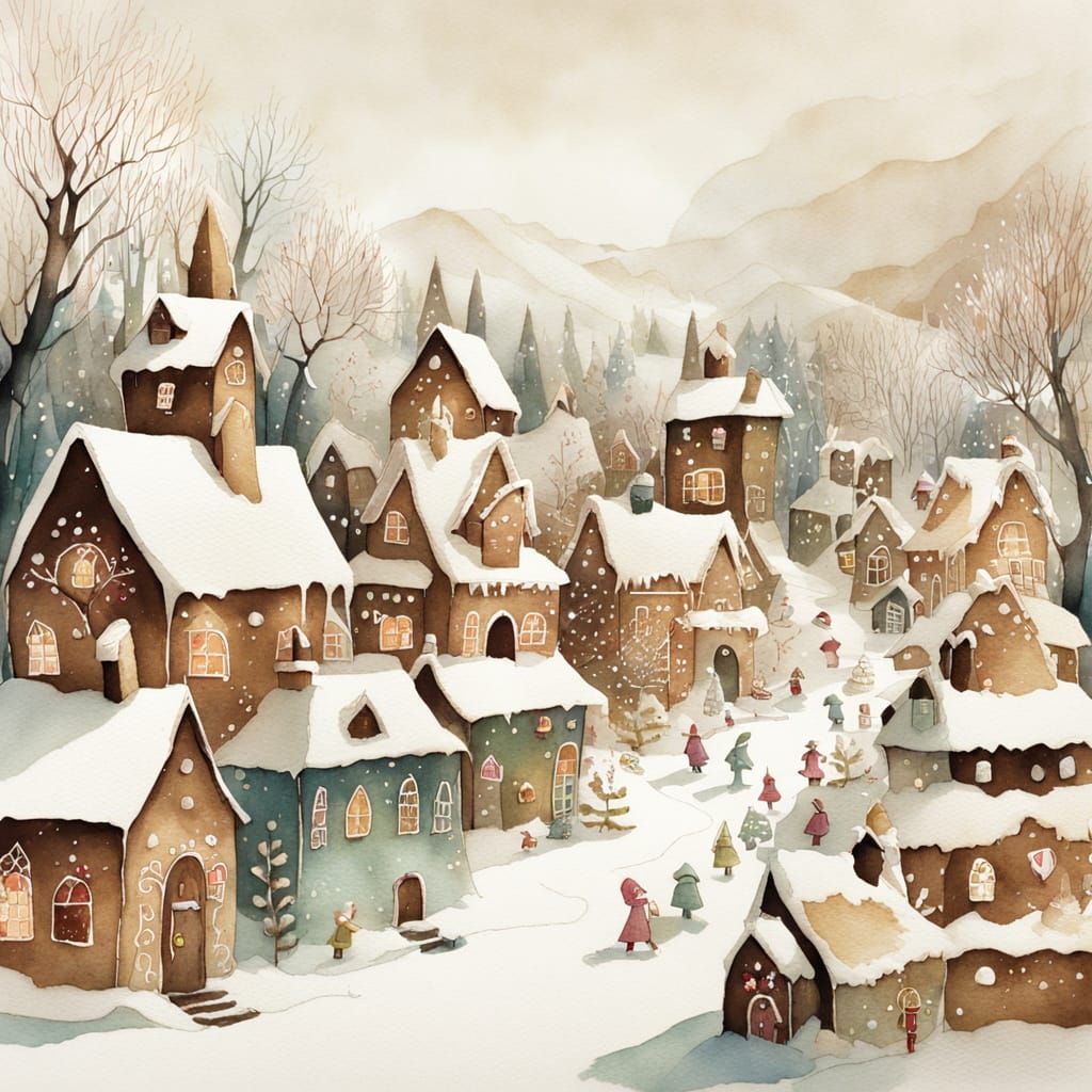 Whimsical Gingerbread Village with Elves and Snow