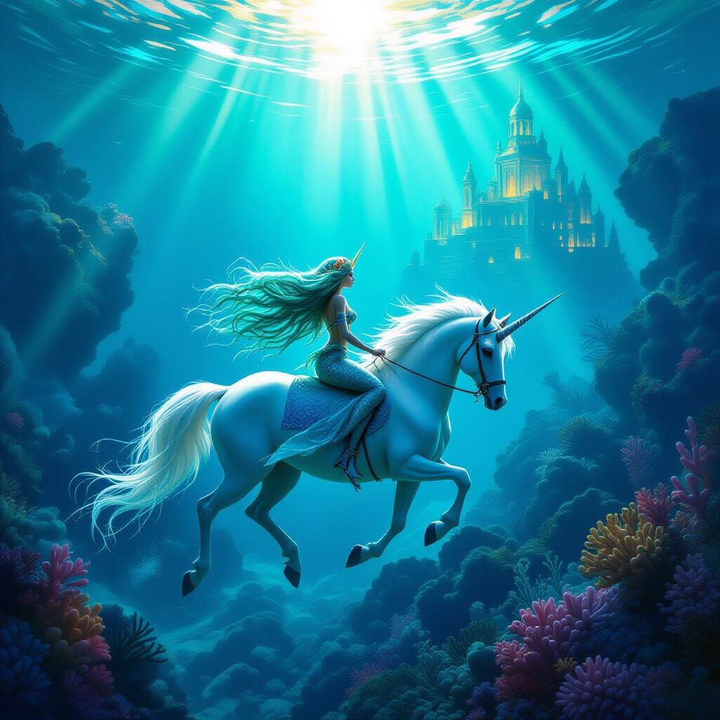 Mermaid Rides Unicorn to Atlantis in Fantasy Art Style
