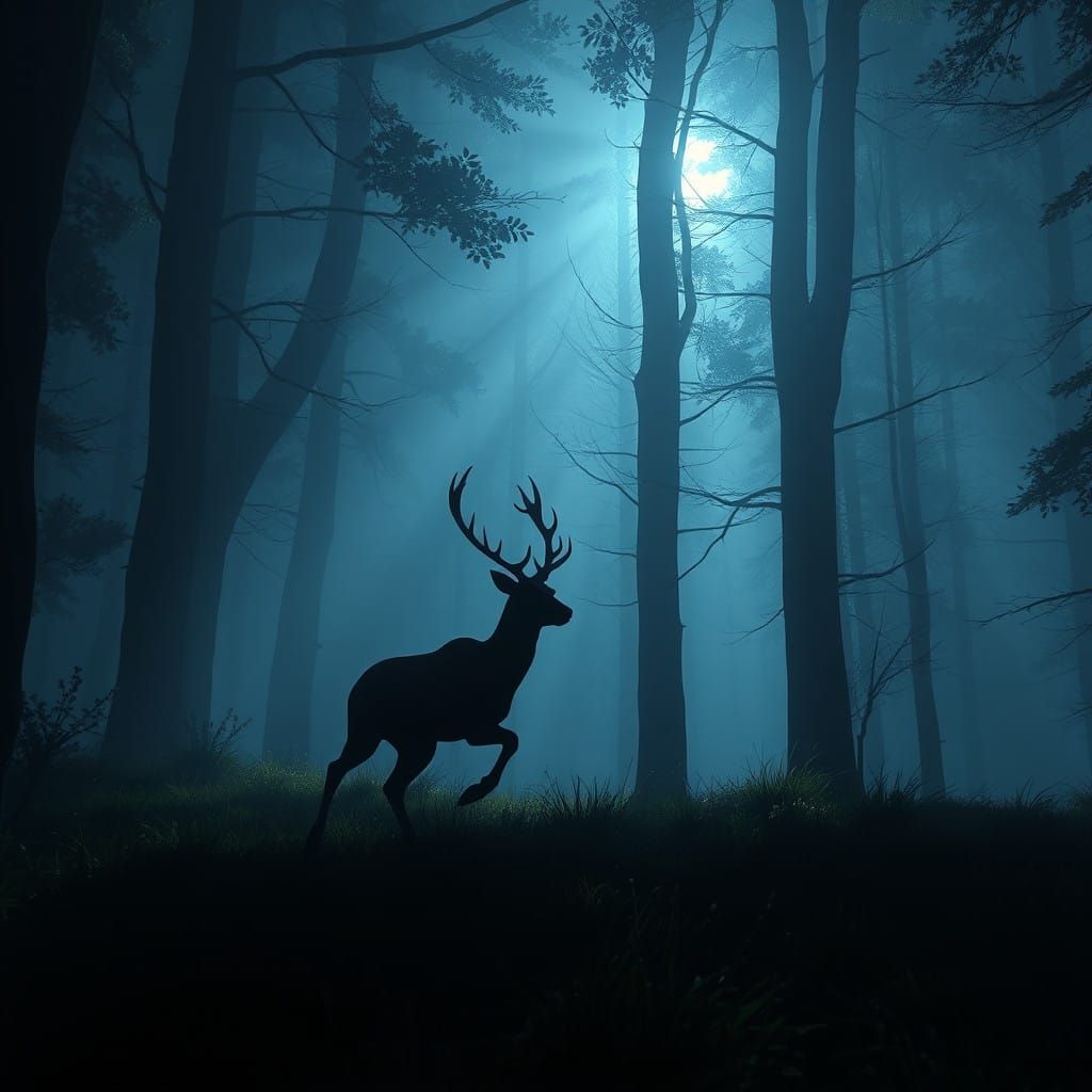 Moonlit Deer Sprinting Through Forest Shadows