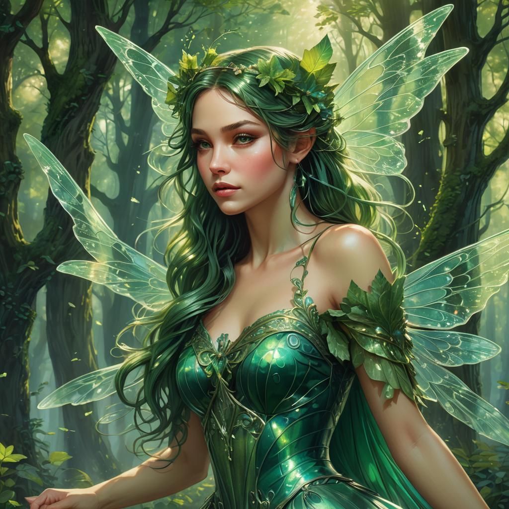 Majestic Green Fairy Soaring Over Enchanted Forest