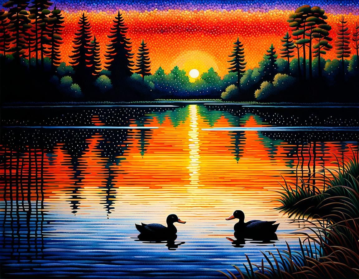 pointillism lake with ducks