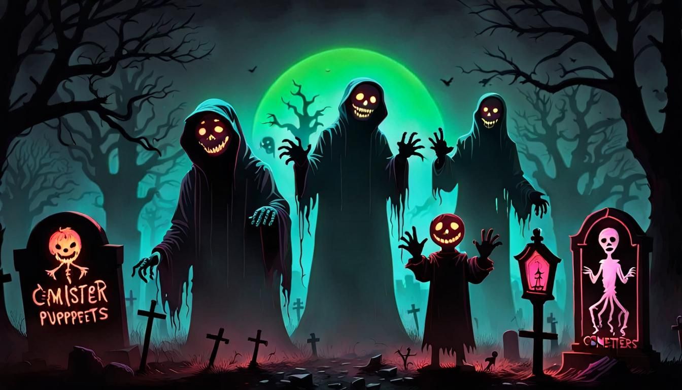 Neon Horror Cemetery with Ghost Puppets