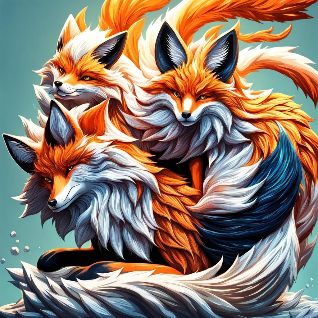 Hyperrealistic Nine-Tailed Fox with Tails Raised