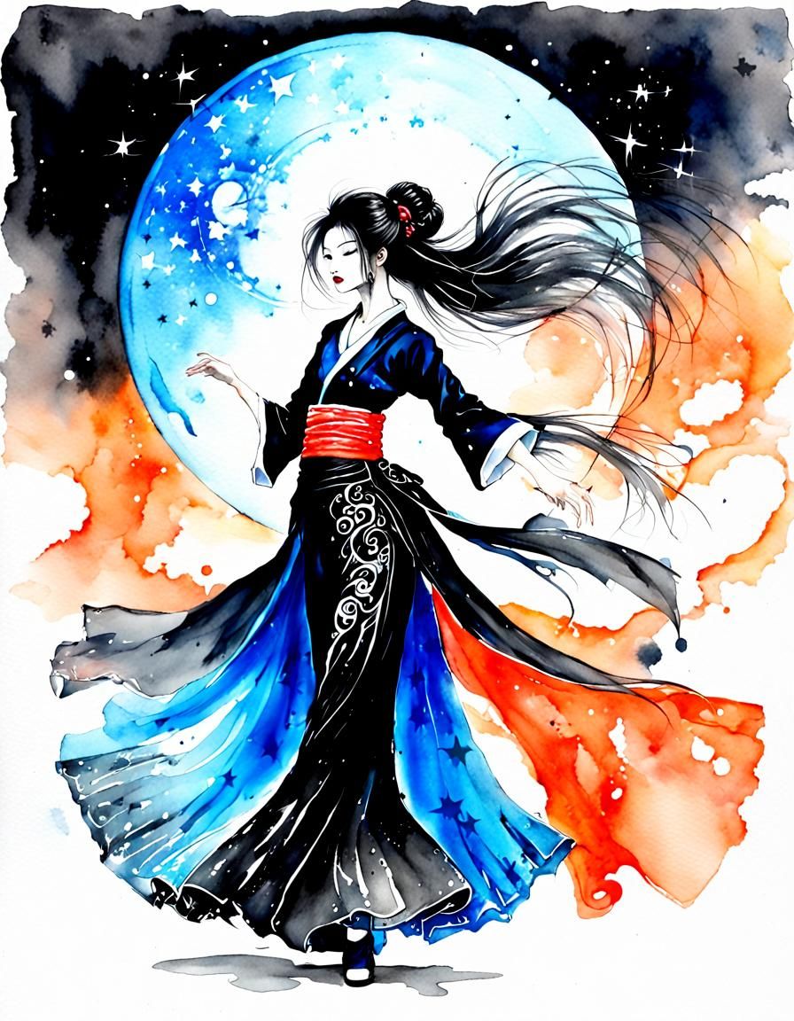 Vibrant Dance Scene in Watercolor and Ink Style