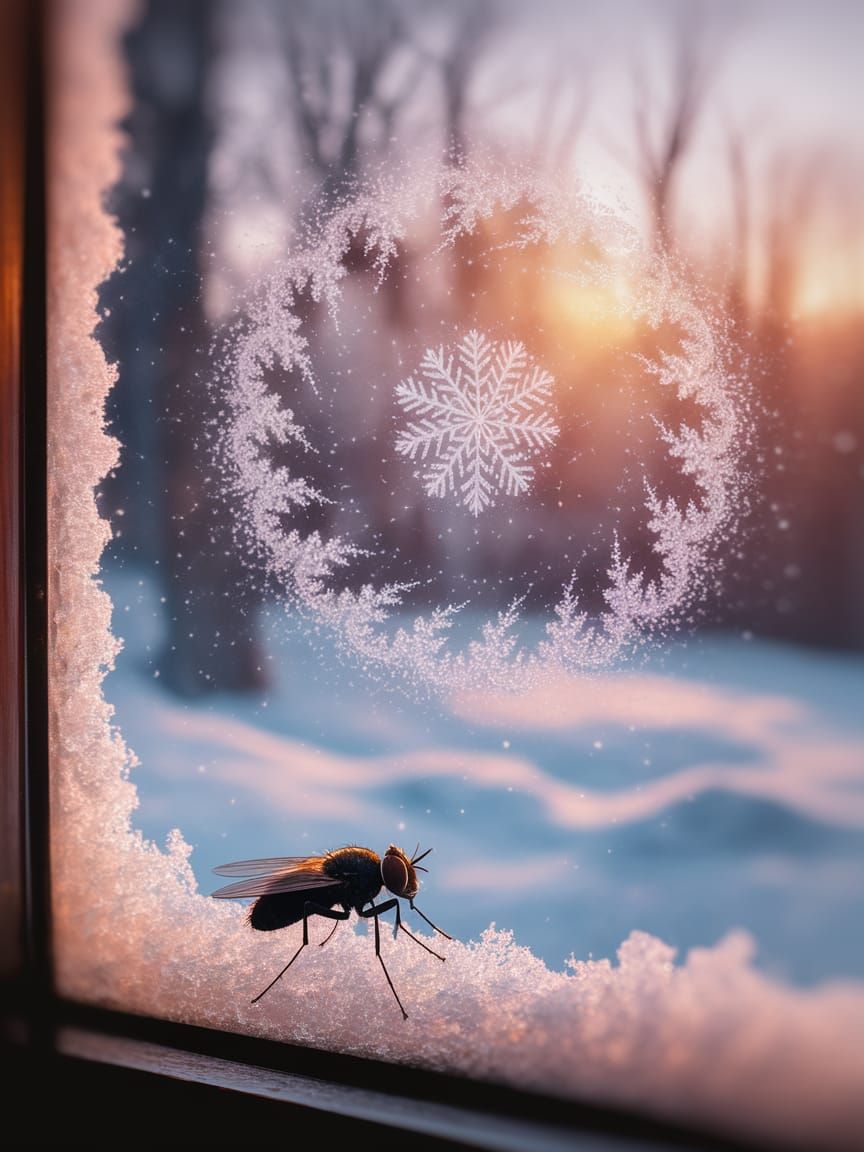 Fly on Frosted Windowpane Amidst Fractal Snowstorm