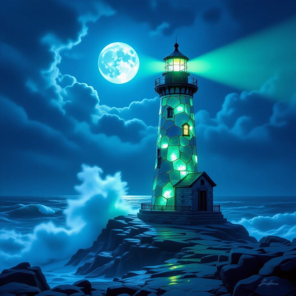 Glowing Sea Glass Lighthouse on Stormy Sea