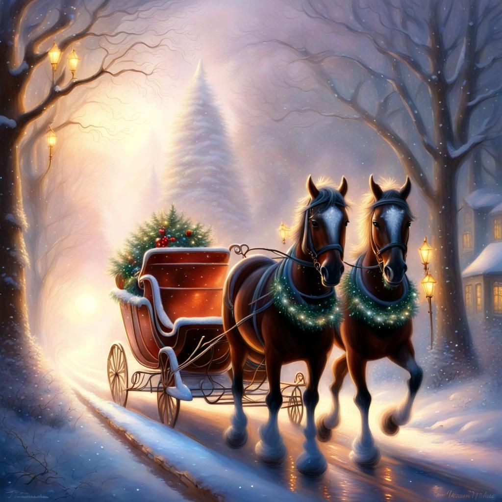 Christmas Sleigh on Snowy Road, Kinkade Style