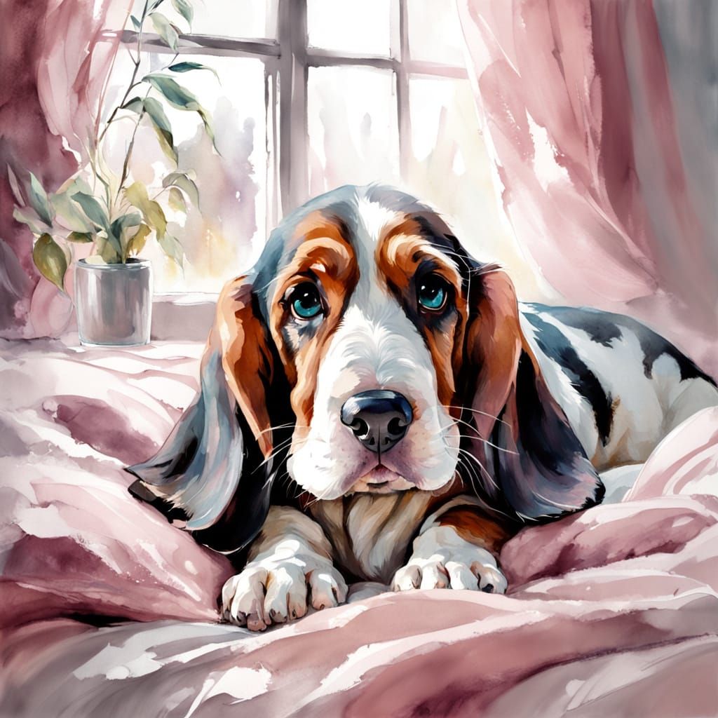 Adorable Baby Basset Hound Napping on Pink Pillow