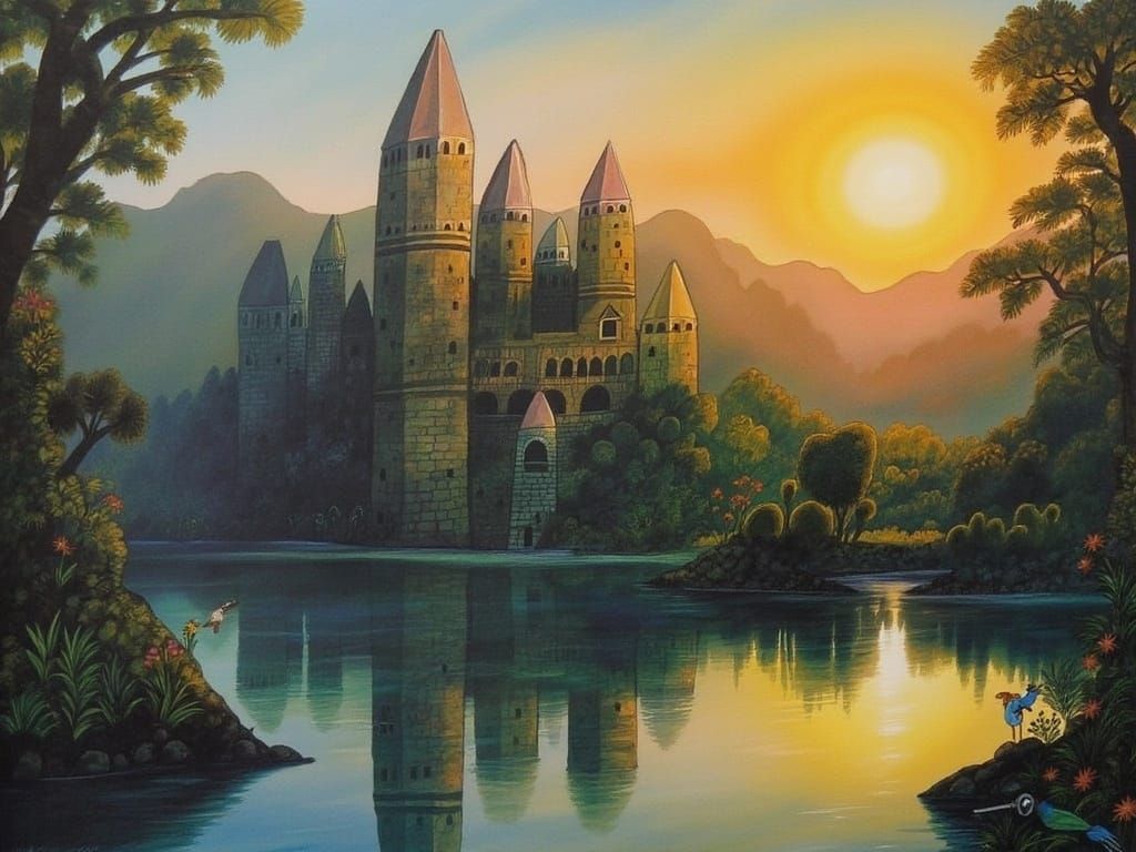 Enchanted Jungle Metropolis Reflects in Serene Lake