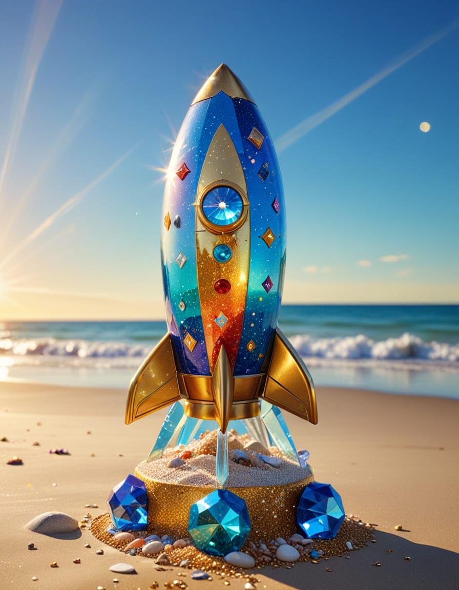 Rocket Ship on Beach with Crystal Sculpture