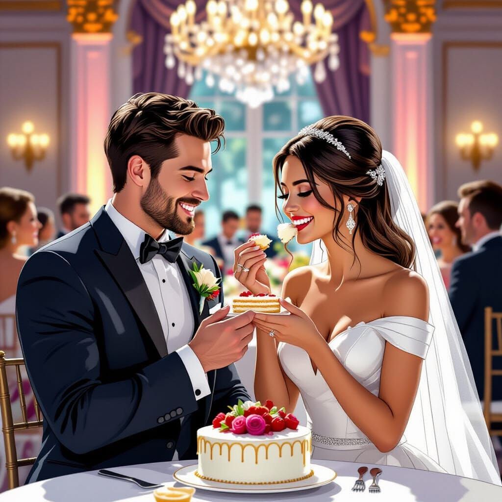 Bride and Groom Cake Feeding in Comic Book Style
