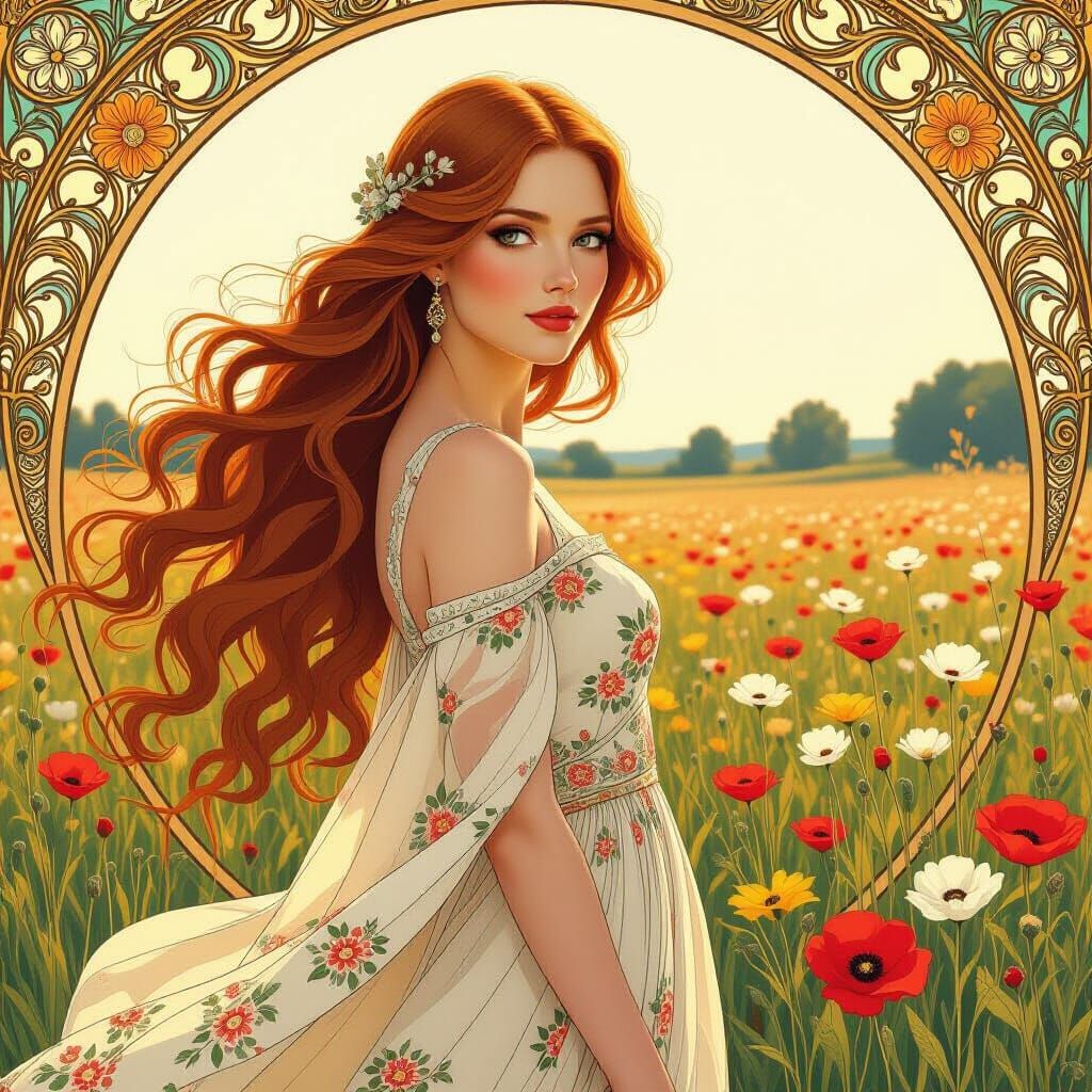 Art Nouveau Woman in Wildflower Field Illustration