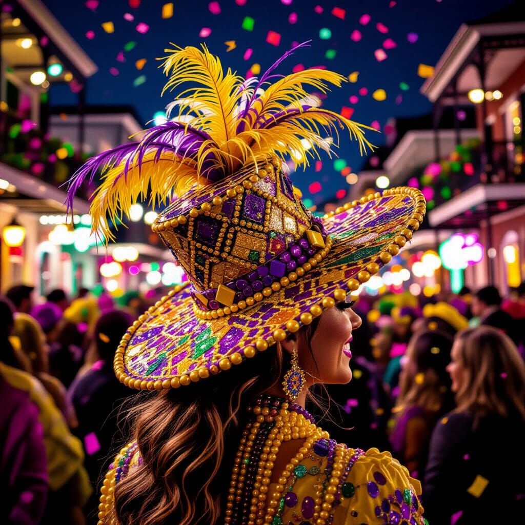 A hat made entirely of bead strings of yellow and purple. si...