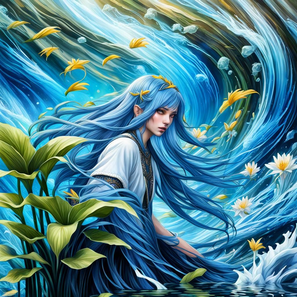 Aquarius Warrior with Blue Hair and Waterfall