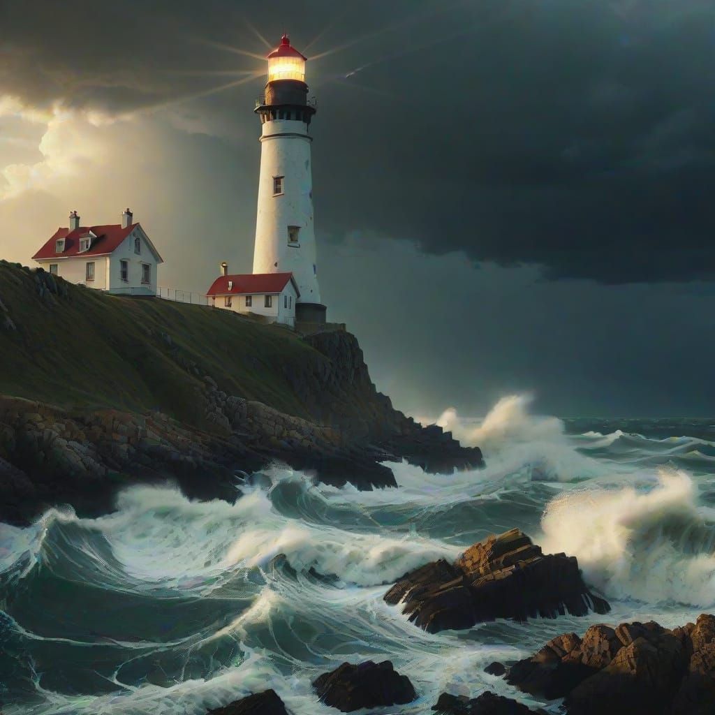 Majestic Lighthouse in Storm at Golden Hour