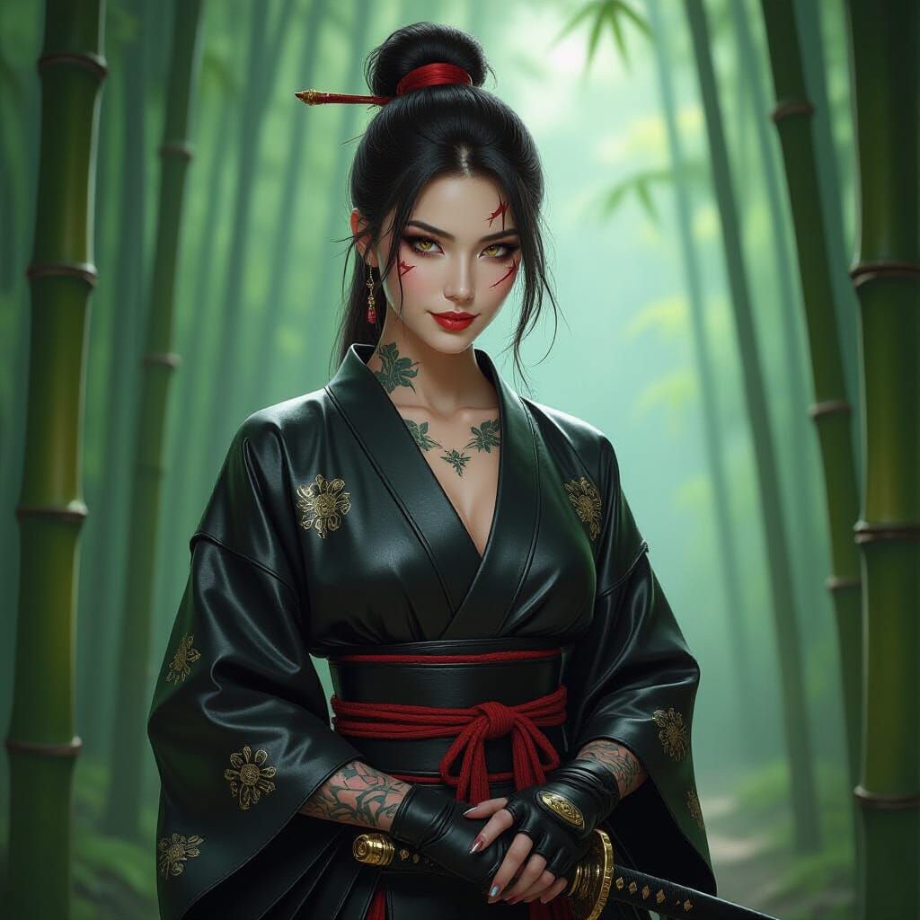 Female Samurai in Bamboo Forest: Dark Fantasy Concept Art