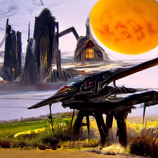 Avian Alien in Sci-Fi Landscape as Oil Painting