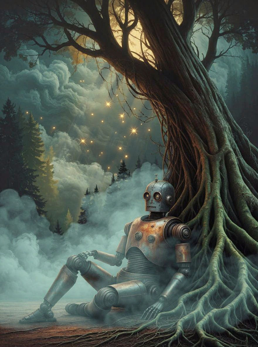 Steampunk Robot in Ancient Forest with Ethereal Light