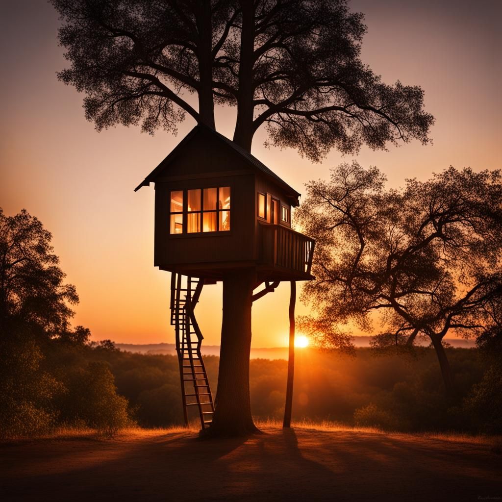 Atmospheric Sunset Treehouse Camping Scene