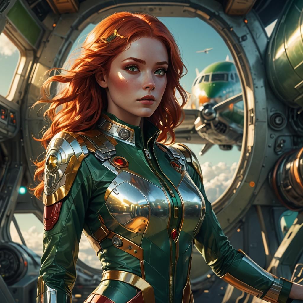 Girl Gazing at Retro-Futuristic Steampunk Plane