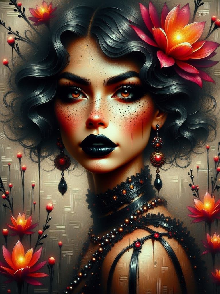 Romantic Filigree Lady: A Neon Art Nouveau Portrait