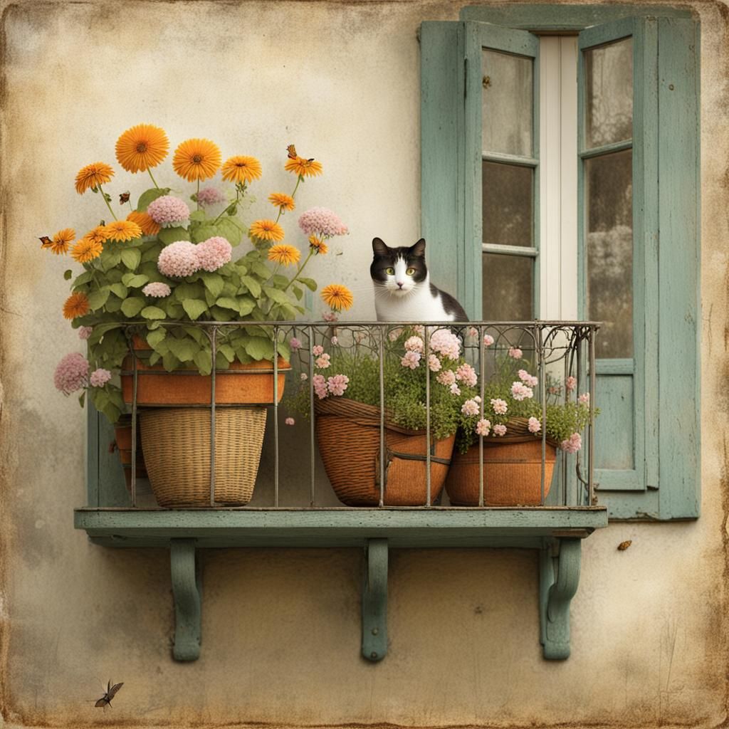 Blooming Balcony Scene with Cat, Birds, and Flowers